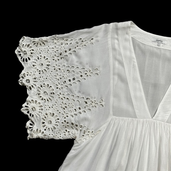 Ganni Ivory White Eyelet Trimmed V Neck Mini Dress US S - Picture 2 of 13